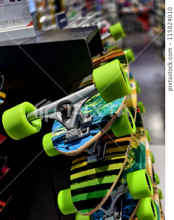 A stack of skateboards on a special indoor stand A stack of skateboards on a special indoor stand 115824010