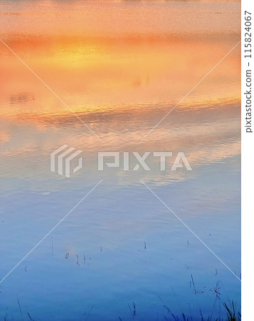 Reflection of the sunset in the lake, beautiful contrast of colors two tones for the best wallpaper and background.  115824067