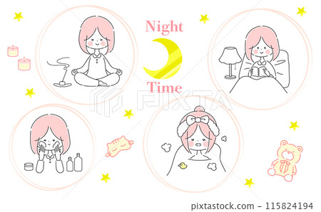 Girl's night routine illustration set 115824194