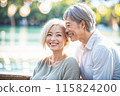 Senior Asian couple smiling on the beach 115824200