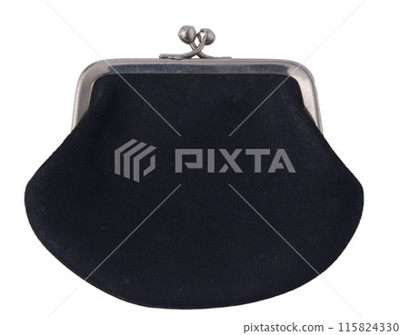 Antique reticule wallet isolated on white background. Black suede, metal lock. 115824330