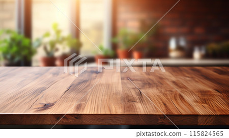 Wooden tabletop over defocused kitchen background , Generate Ai 115824565