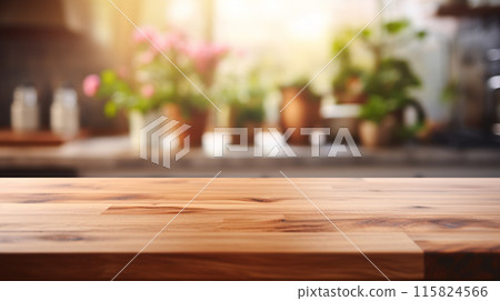 Wooden tabletop over defocused kitchen background , Generate Ai 115824566