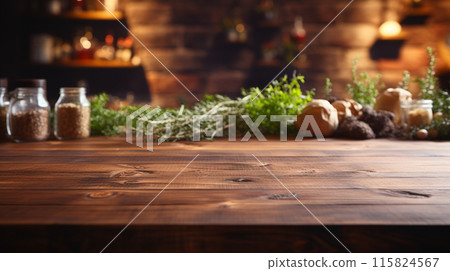 Wooden tabletop over defocused kitchen background , Generate Ai 115824567