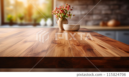 Wooden tabletop over defocused kitchen background , Generate Ai 115824706