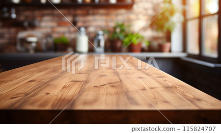 Wooden tabletop over defocused kitchen background , Generate Ai 115824707