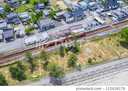 Drone photography | Aerial view of JR Himi Station from Amaharashi Beach | Takaoka City, Toyama Prefecture 115826178