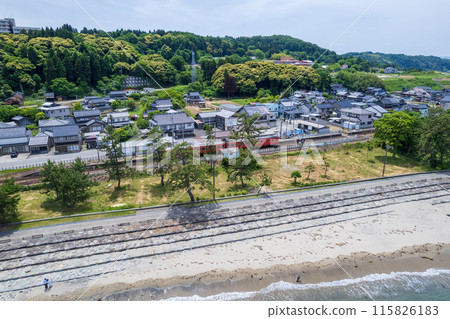 Drone photography | Aerial view of JR Himi Station from Amaharashi Beach | Takaoka City, Toyama Prefecture 115826183