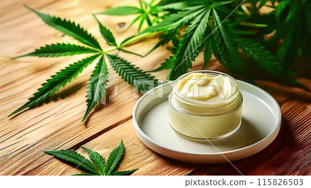 CBD skin cream with white label on iluminated wooden background. CBD skin cream with white label on iluminated wooden background. 115826503