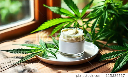 CBD cream with white label on background with illuminated cannabis leaves. 115826537