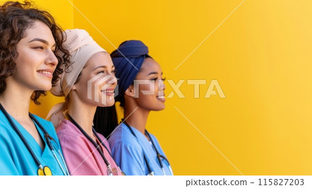 Smiling doctors and nurses, on yellow background with copyspace for your text 115827203