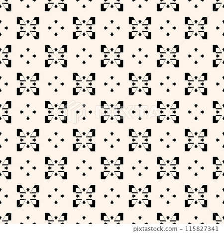 Seamless geometric abstract pattern featuring a black and white repeating motif on a beige background. Seamless geometric abstract pattern featuring a black and white repeating motif on a beige background. 115827341