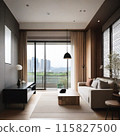 開放式客廳的背景，您可以從窗戶看到外面 115827500