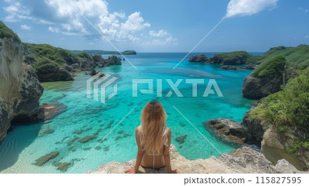 Golden Week Adventure in Japan. woman Explore the captivating Okinawa islands, with their pristine beaches, turquoise waters, and unique Ryukyu culture. 115827595