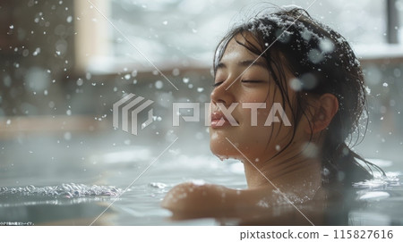 Japan. woman relax in onsen. The steam rising from the onsen pools mingles with the snowflakes falling from the sky, creating a mesmerizing spectacle of nature's contrasting elements. 115827616