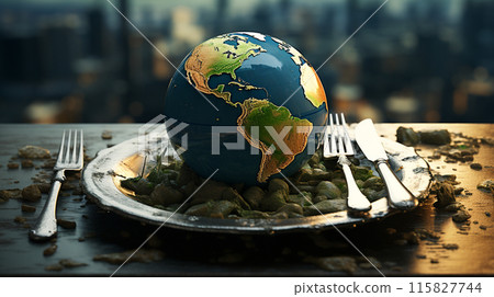 A globe on a dish with fork and a knife illustration Environment, Population, Global warming, Malnutrition, Zero waste, Sustainable,Generate AI A globe on a dish with fork and a knife illustration Environment, Population, Global warming, Malnutrition, Zero waste, Sustainable,Generate AI 115827744