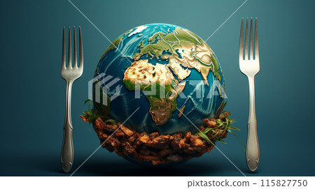A globe on a dish with fork and a knife illustration Environment, Population, Global warming, Malnutrition, Zero waste, Sustainable,Generate AI A globe on a dish with fork and a knife illustration Environment, Population, Global warming, Malnutrition, Zero waste, Sustainable,Generate AI 115827750
