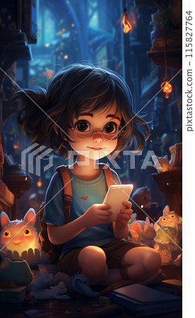 A little preschool girl plays online games on her smartphone and watches cartoons.Generate AI 115827764