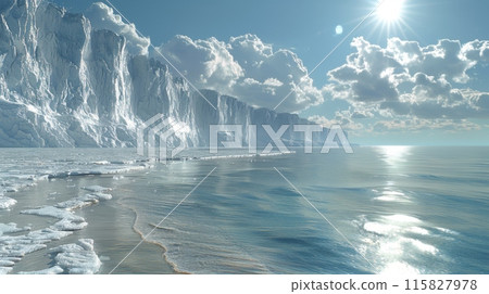 A photorealistic depiction of a melting ice cap, showcasing the dramatic retreat of ice and the rising sea level. 115827978