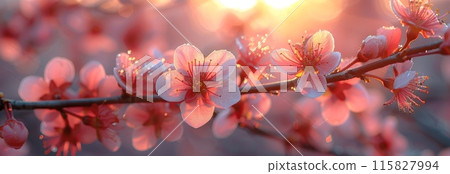 Sunset, peach blossoms blooming on the branches, with sunlight shining through them and creating beautiful light spots in front of it. 115827994