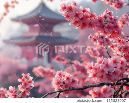 Cherry blossom tree in full bloom . Background asian Temple. Japan Beautiful view 115828007