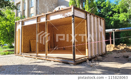 Construction of a street shopping pavilion for a store, all stages of construction, detailed overview Construction of a street shopping pavilion for a store, all stages of construction, detailed overview 115828063
