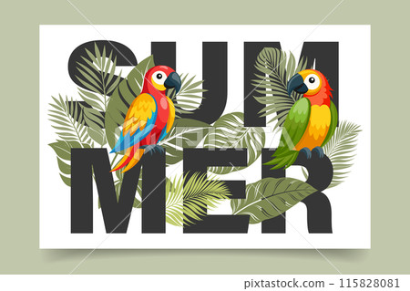 Summer background, word Summer with cute colorful parrots and tropical leaves. Cute macaw birds. Poster, banner, postcard Summer background, word Summer with cute colorful parrots and tropical leaves. Cute macaw birds. Poster, banner, postcard 115828081