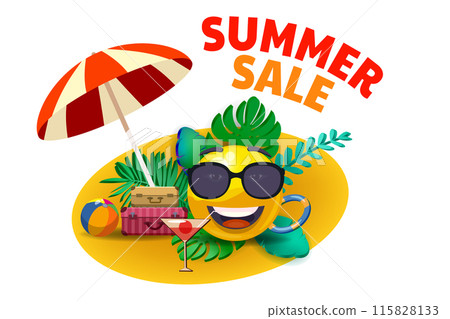 Summer sale poster Sun cartoon in sunglasses under beach umbrella Summer sale poster Sun cartoon in sunglasses under beach umbrella 115828133
