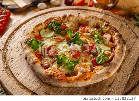Delicious pizza with courgette 115828137