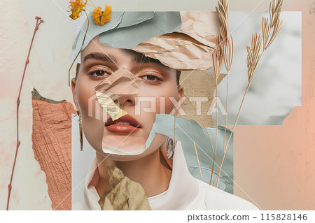 A woman's face is cut out of a collage of different images, including leaves 115828146