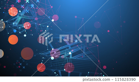 Vector abstract background with a wireframe dynamic pipes, line and particles inside circle. 115828390