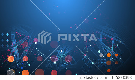 Vector abstract background with a wireframe dynamic pipes, line and particles inside circle. Vector abstract background with a wireframe dynamic pipes, line and particles inside circle. 115828398