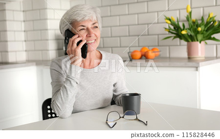 Cheerful Elderly Woman Chatting On The Phone With A Smile Cheerful Elderly Woman Chatting On The Phone With A Smile 115828446