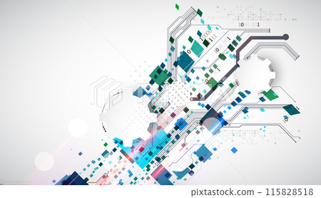 Abstract technological background with squares. The work is done on a gray background with glowing elements. Abstract technological background with squares. The work is done on a gray background with glowing elements. 115828518