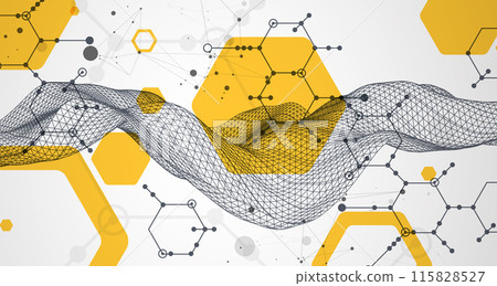 Scientific and technological background. Wireframe wave with hexagons of different types on a gray gradient. 115828527