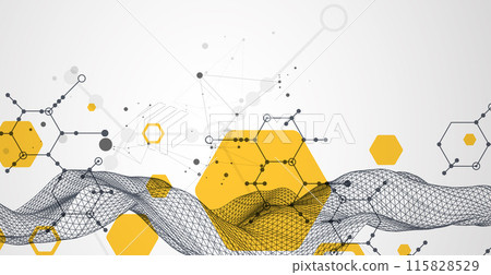 Scientific and technological background. Wireframe wave with hexagons of different types on a gray gradient. 115828529