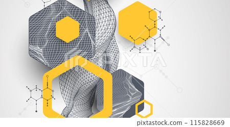 Scientific and technological background. Wireframe wave with hexagons of different types on a gray gradient. 115828669