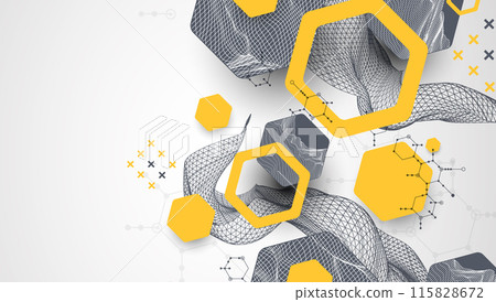 Scientific and technological background. Wireframe wave with hexagons of different types on a gray gradient. Scientific and technological background. Wireframe wave with hexagons of different types on a gray gradient. 115828672