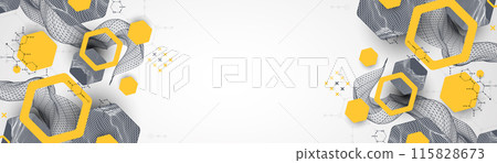 Scientific and technological background. Wireframe wave with hexagons of different types on a gray gradient. Scientific and technological background. Wireframe wave with hexagons of different types on a gray gradient. 115828673