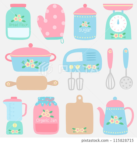 Cute happy cooking kitchenware in Children Style Cartoon illustration 115828715