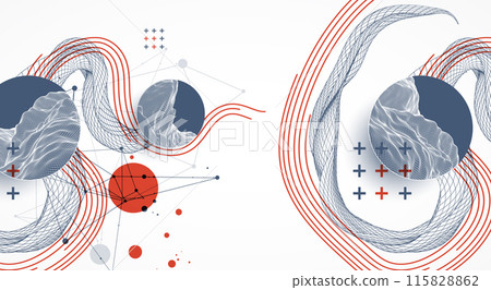 The abstract wave is made in a frame style. Template for science and technology presentation. Hand drawn vector art. The abstract wave is made in a frame style. Template for science and technology presentation. Hand drawn vector art. 115828862