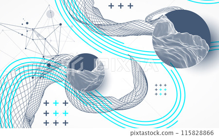 The abstract wave is made in a frame style. Template for science and technology presentation. Hand drawn vector art. 115828866