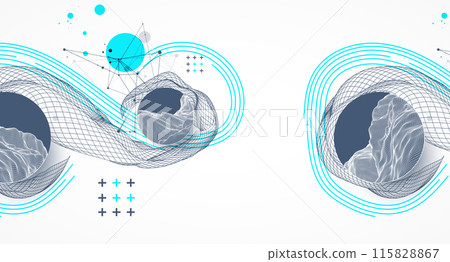 The abstract wave is made in a frame style. Template for science and technology presentation. Hand drawn vector art. 115828867