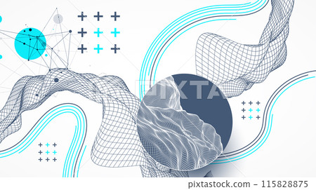 The abstract wave is made in a frame style. Template for science and technology presentation. Hand drawn vector art. The abstract wave is made in a frame style. Template for science and technology presentation. Hand drawn vector art. 115828875