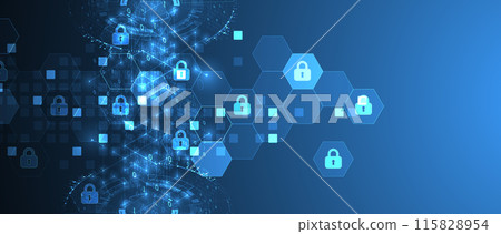Technological background with isometric ornament. Digital security, information protection. Lock icons in the middle of the hexagon. 115828954