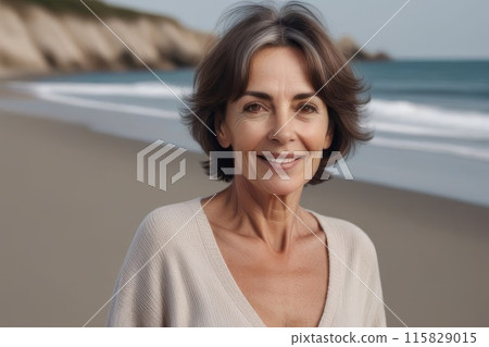 Portrait of a happy brunette woman 40 years old on the seashore. An attractive, healthy, older woman who leads an active life. 115829015