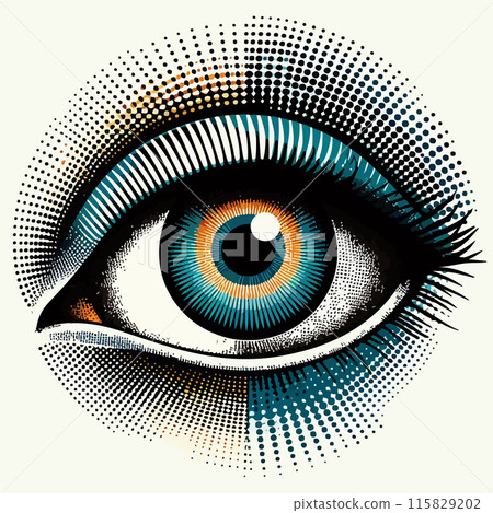 Retro halftone eye. Open human eye in halftone texture, dotted pop art style. 115829202