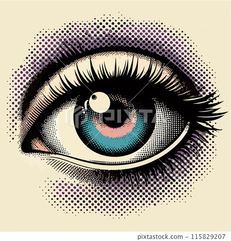 Retro halftone eye. Open human eye in halftone texture, dotted pop art style. 115829207