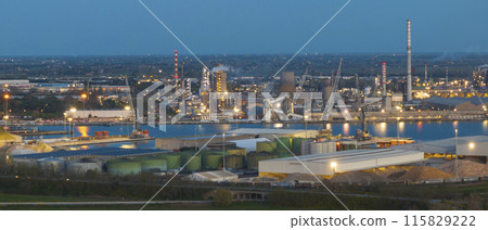 Awesome drone view of the industrial and port area of Ravenna at night Awesome drone view of the industrial and port area of Ravenna at night 115829222