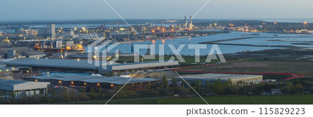 Awesome drone view of the industrial and port area of Ravenna at evening Awesome drone view of the industrial and port area of Ravenna at evening 115829223